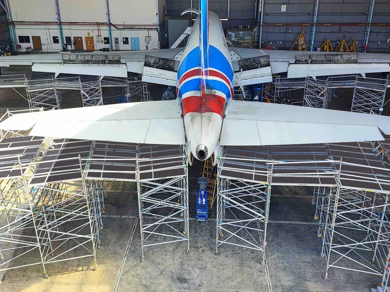 Aircraft scaffolding in the Raya Airways hangar