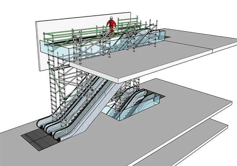 Design drawing of a tower over twin escalators