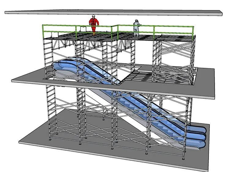 Design drawing of a two-level escalator tower